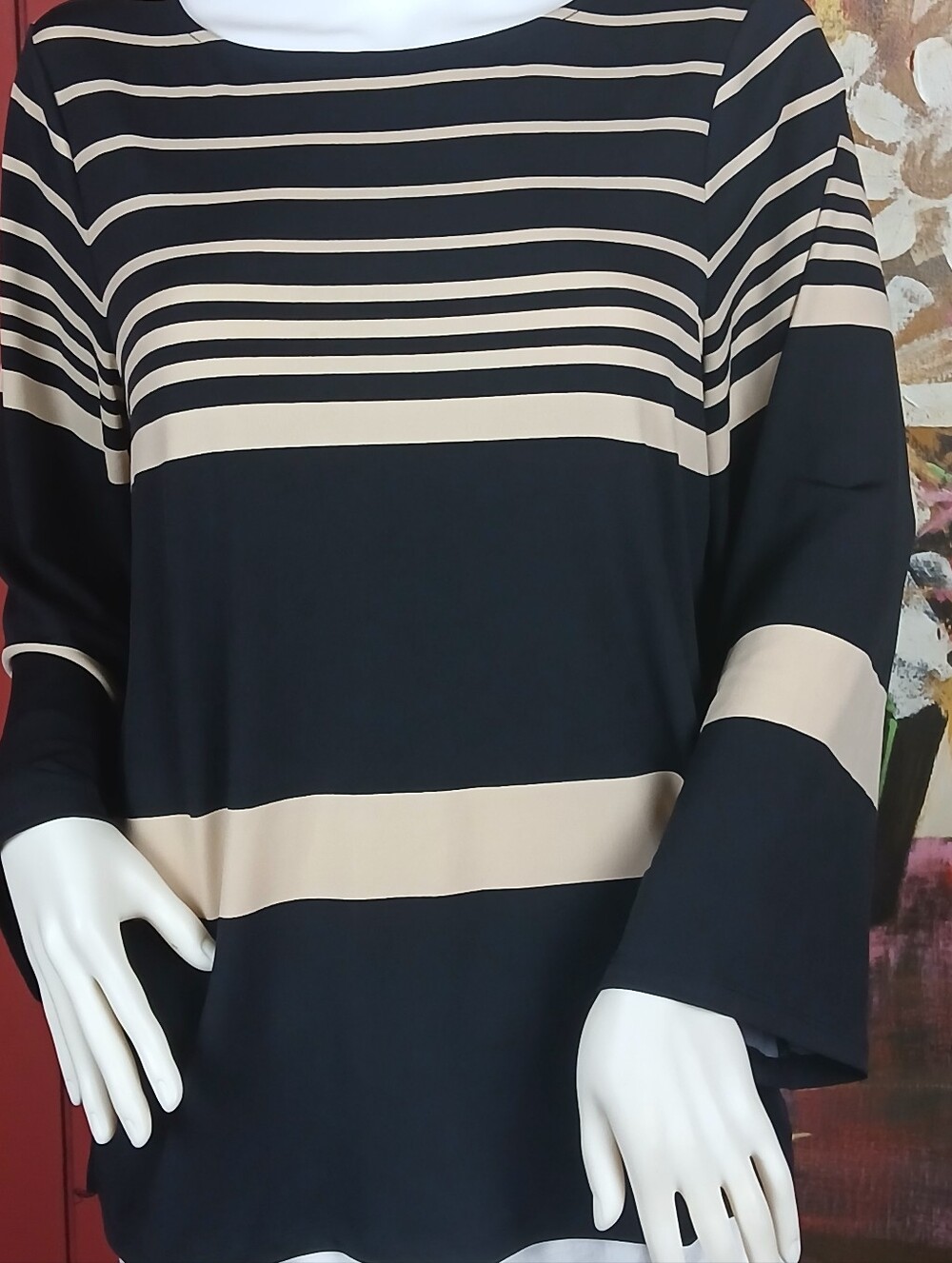Tommy Bahama Black and Beige Striped Long-Sleeve Top